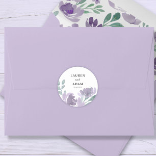Rustic Purple Watercolor Floral Wedding  Classic Round Sticker
