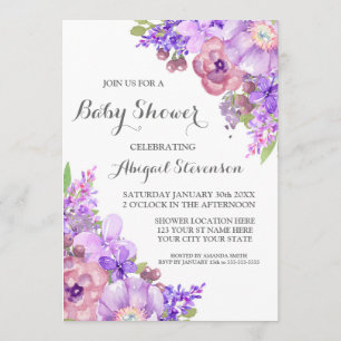 Rustic Purple Watercolor Flowers Baby Shower Invitation