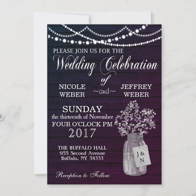 Rustic Purple Wedding Wood Mason Jar Babys Breath Invitation (Front)