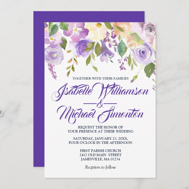 Rustic Purple White Floral Wedding Invitations (Front/Back)