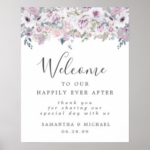 Rustic Purple White Floral Wedding Welcome Sign