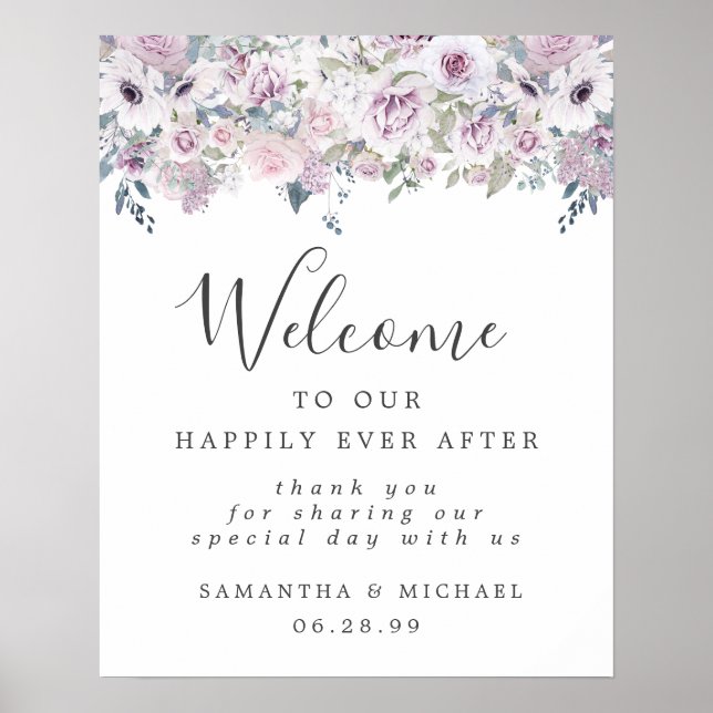 Rustic Purple White Floral Wedding Welcome Sign (Front)