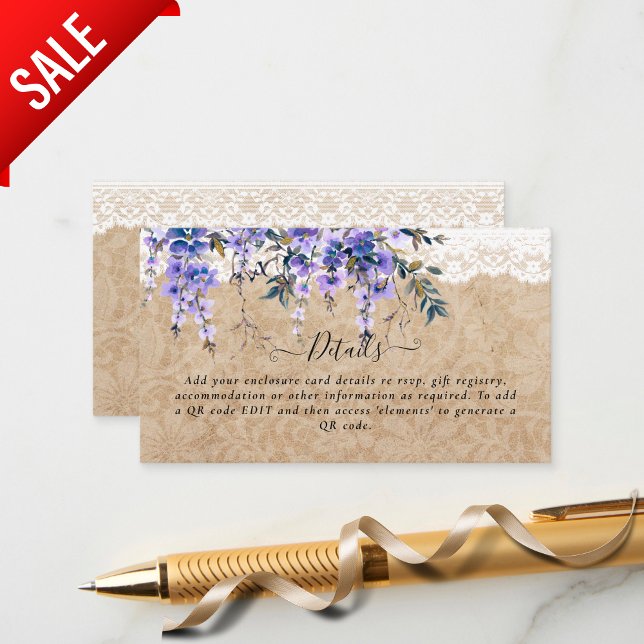 Rustic Purple Wisteria Floral Lace Wedding Enclosure Card (Creator Uploaded)