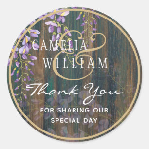 Rustic Purple Wisteria Lace Lights Wood Wedding Classic Round Sticker