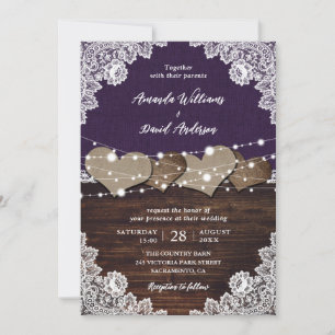 Rustic Purple Wood Burlap Lace Wedding Invitation