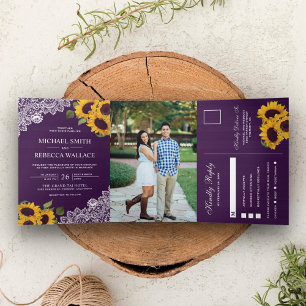 Rustic Purple Wood Lace Sunflower Wedding Photo Tri-Fold Invitation