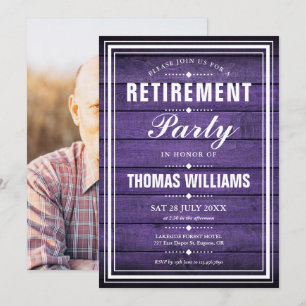 Rustic Purple Wood Panels Photo Retirement Party Invitation