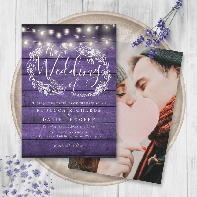 Rustic Purple Wood String Lights Photo Wedding Invitation (Rustic Purple Wood String Lights Photo Wedding Invitation)