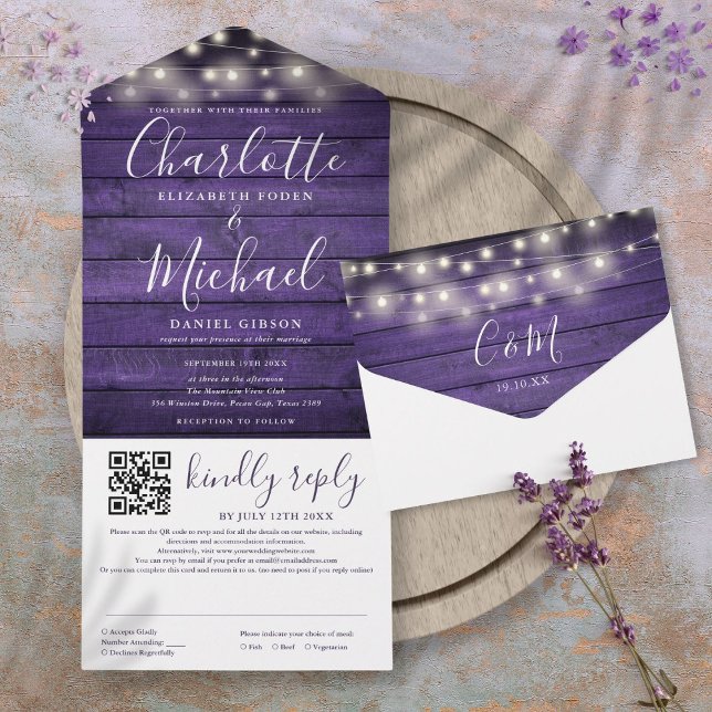 Rustic Purple Wood String Lights QR Code Wedding  All In One Invitation (Rustic Purple Wood String Lights QR Code Wedding All In One Invitation)