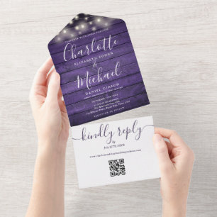Rustic Purple Wood String Lights QR Code Wedding  All In One Invitation