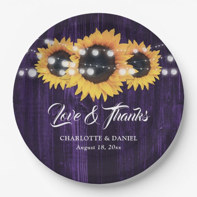 Rustic Purple Wood String Lights Sunflower Wedding Paper Plate (Front)