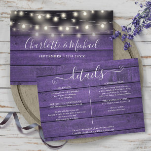 Rustic Purple Wood String Lights Wedding Details Invitation
