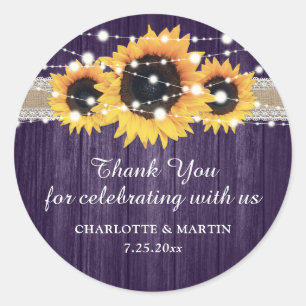 Rustic Purple Wood Sunflower Wedding Thank You Classic Round Sticker