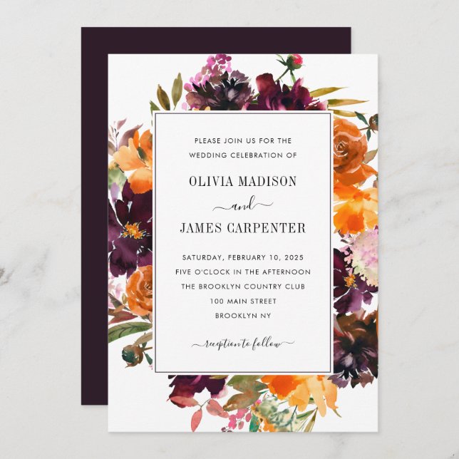 Rustic Purple Yellow Burgundy Floral Fall Wedding Invitation (Front/Back)