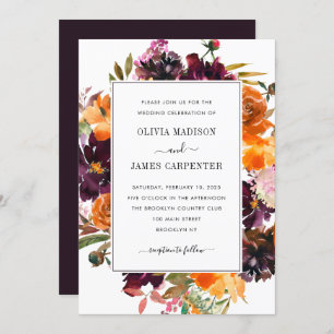 Rustic Purple Yellow Burgundy Floral Fall Wedding Invitation