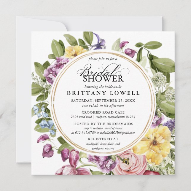Rustic Purple Yellow Floral Greenery Bridal Shower Invitation (Front)