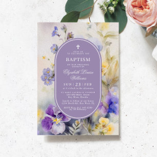 Rustic Purple & Yellow Flowers Elegant Baptism Invitation