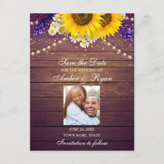 Rustic Purple Yellow Sunflower Floral Barn Photo Announcement Postcard