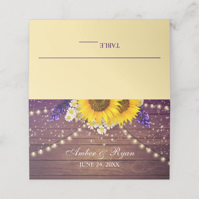 Rustic Purple Yellow Sunflower Floral Country Barn Place Card (Outside Unfolded)