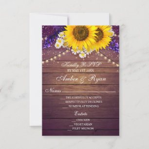 Rustic Purple Yellow Sunflower Floral Country Barn RSVP Card