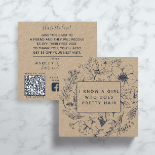 Rustic QR Code Botanical Kraft Navy Blue Referral Square Business Card