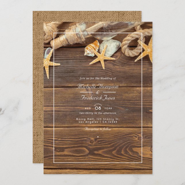 Rustic QR Code RSVP Beach Wedding Invitation (Front/Back)