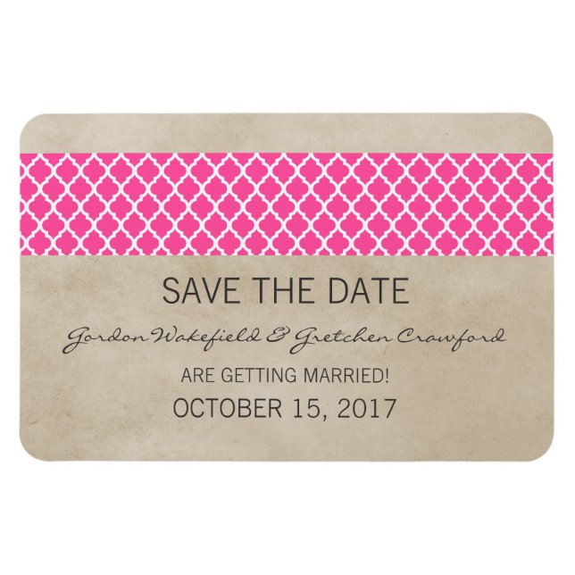 Rustic Quatrefoil Save the Date Magnet, Pink Magnet (Horizontal)