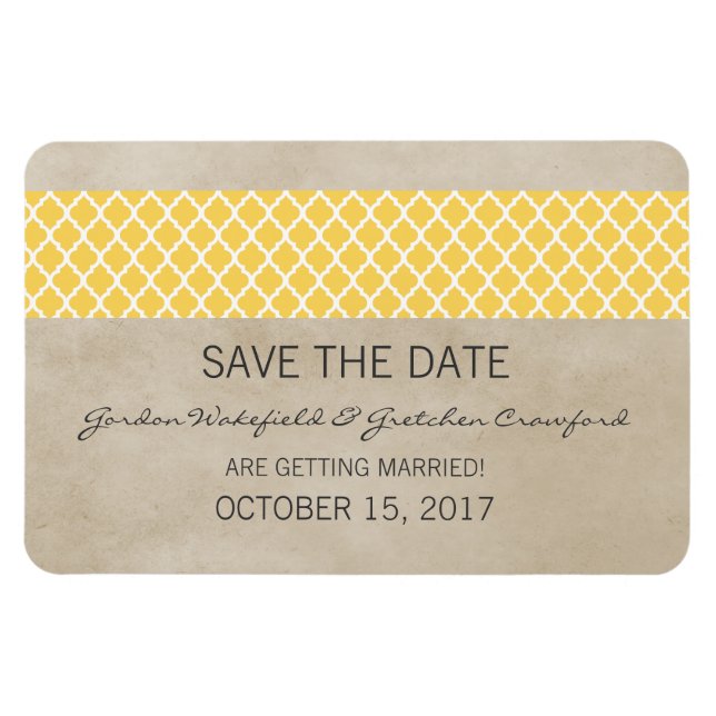 Rustic Quatrefoil Save the Date Magnet, Yellow Magnet (Horizontal)