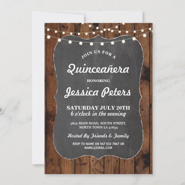 Rustic Quinceanera Party Chalk Wood Lights Invite (Front)