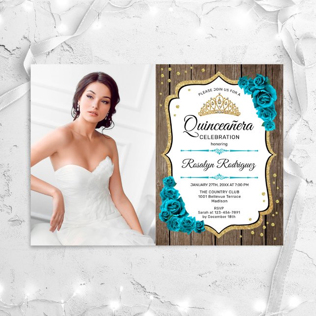 Rustic Quinceanera Party With Photo - Gold Teal Invitation (Creator Uploaded)