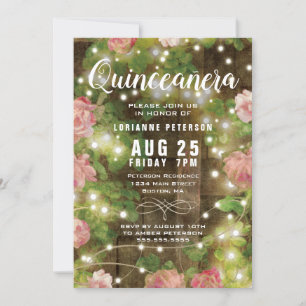 Rustic Quinceañera Pink Floral String Lights Party Invitation