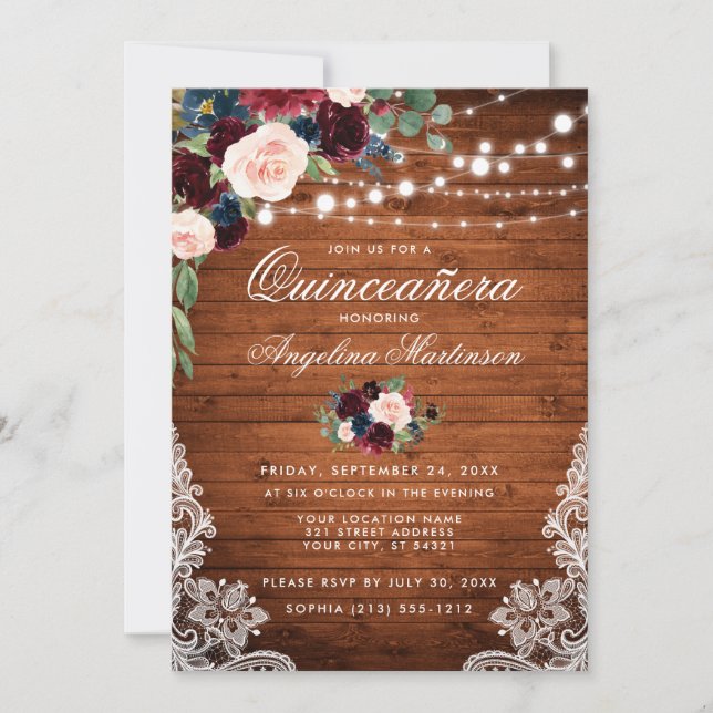 Rustic Quinceanera Wood Burgundy Blue Floral Invitation (Front)