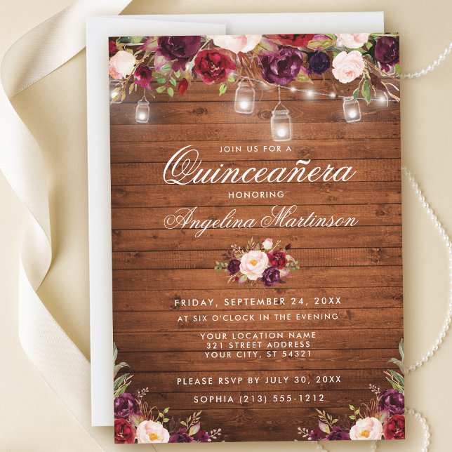 Rustic Quinceanera Wood Jar Lights Burgundy Floral Invitation (Customize to add more text or photos to back of card.)