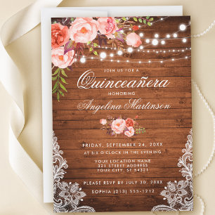 Rustic Quinceanera Wood Lights Lace Coral Floral Invitation