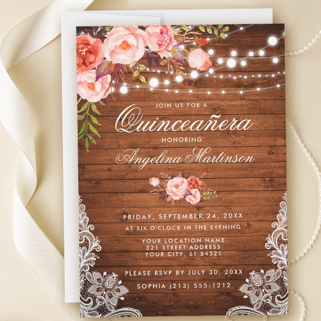 Rustic Quinceanera Wood Lights Lace Coral Floral Invitation (Customize to add more text or photos to back of card.)
