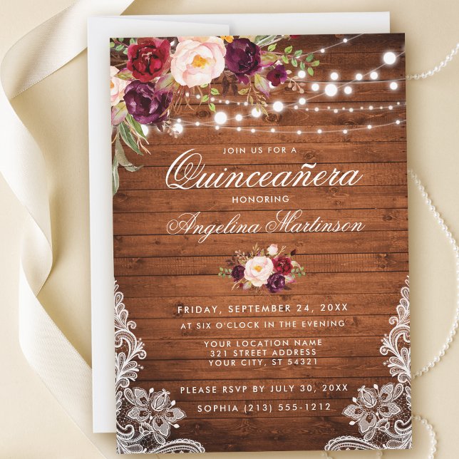 Rustic Quinceanera Wood Lights Lace Floral Invitation (Customize to add more text or photos to back of card.)
