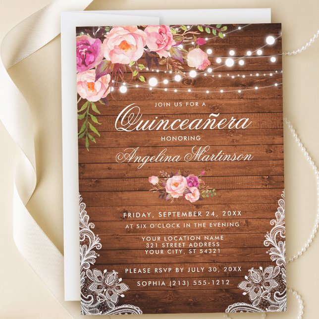 Rustic Quinceanera Wood Lights Lace Pink Floral Invitation (Customize to add more text or photos to back of card.)