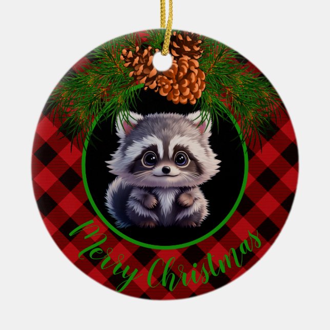 Rustic racoon black grey plaid pine cone  ceramic ornament (Front)