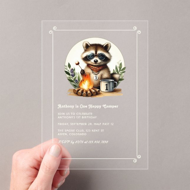 Rustic Racoon “One Happy Camper” 1st Birthday Acrylic Invitations (Insitu (Handheld))