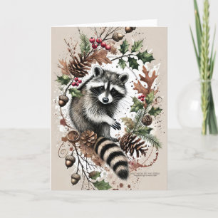 Rustic Racoon Pine Cones Holly Berries Acorns 2 Holiday Card