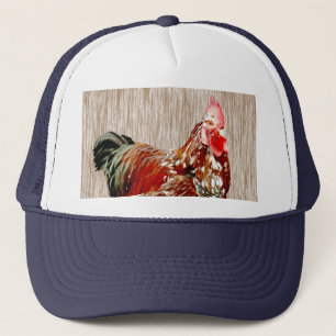 Rustic Radiance: Colorful Rooster on Weather Wood Trucker Hat
