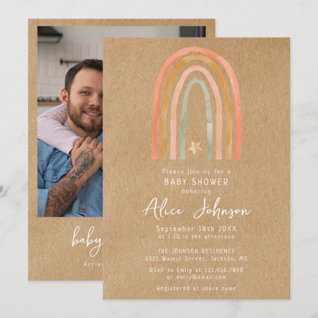 Rustic Rainbow And Star Photo Boho Baby Shower Invitation (Front/Back)
