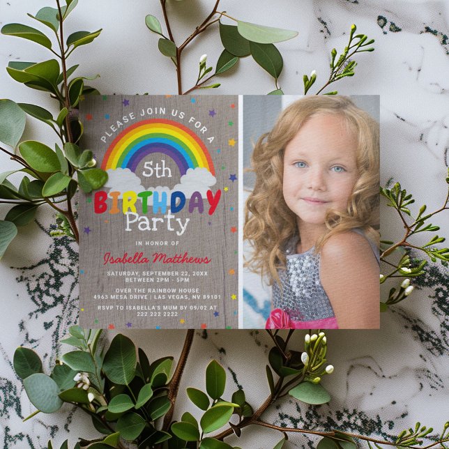 Rustic Rainbow Birthday | Colourful Photo Invitation (Creator Uploaded)