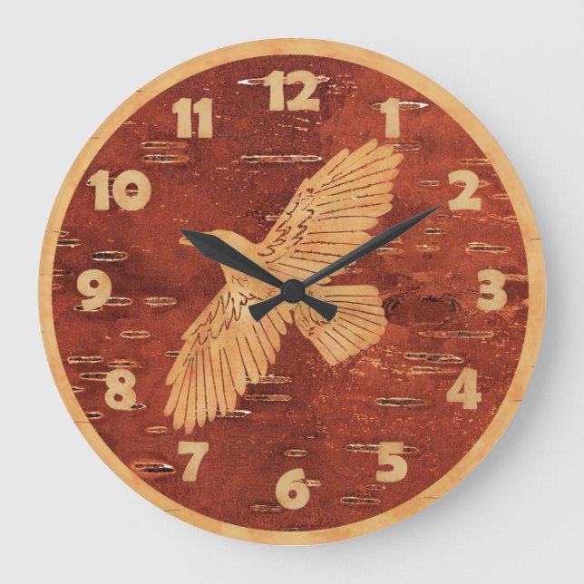 Rustic Raven On Inner Birch Bark Large Clock (Front)
