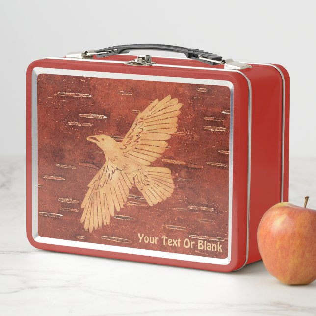 Rustic Raven On Inner Birch Bark Metal Lunch Box (In Situ)