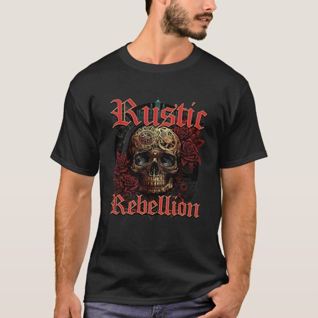 Rustic Rebellion Steampunk Goth Skull Red Rosed Gr T-Shirt (Front)