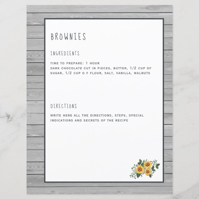 Rustic recipe pages for cookbook binder organiser (Front)