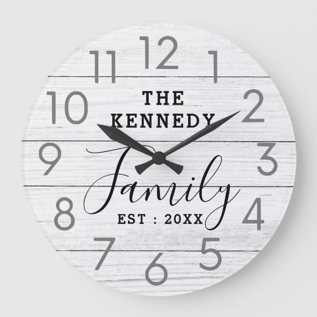 Rustic Reclaimed White Wood Farmhouse Family Name Large Clock (Front)