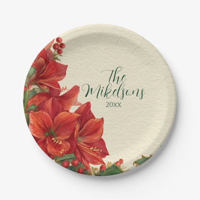 Rustic Red Amaryllis Christmas Paper Plate (Front)