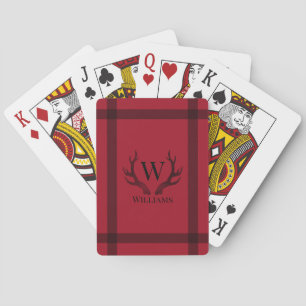 Rustic Red and Black Antlers Monogram Tartan Playing Cards
